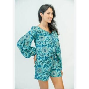 Clara the Label Victoria Dunn Briar Blouse in Blue Bonnet Sz 2XL Block Print NWT